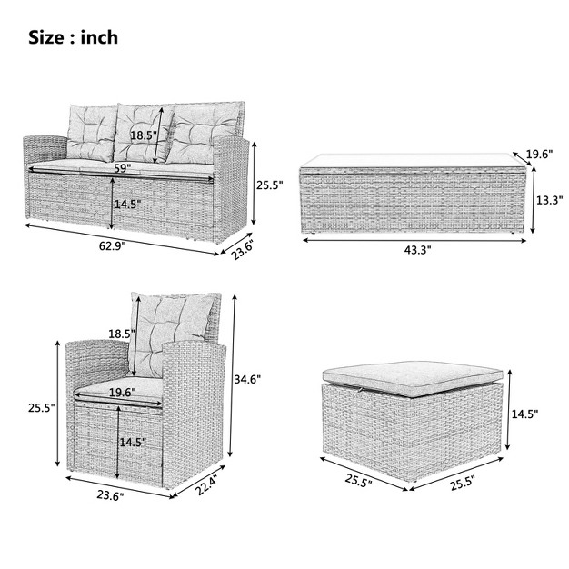 5 piece Outdoor Uv resistant Patio Sofa Set With Storage Bench All Weather Pe Wicker Coversation Set With Glass Table Gray modernluxe