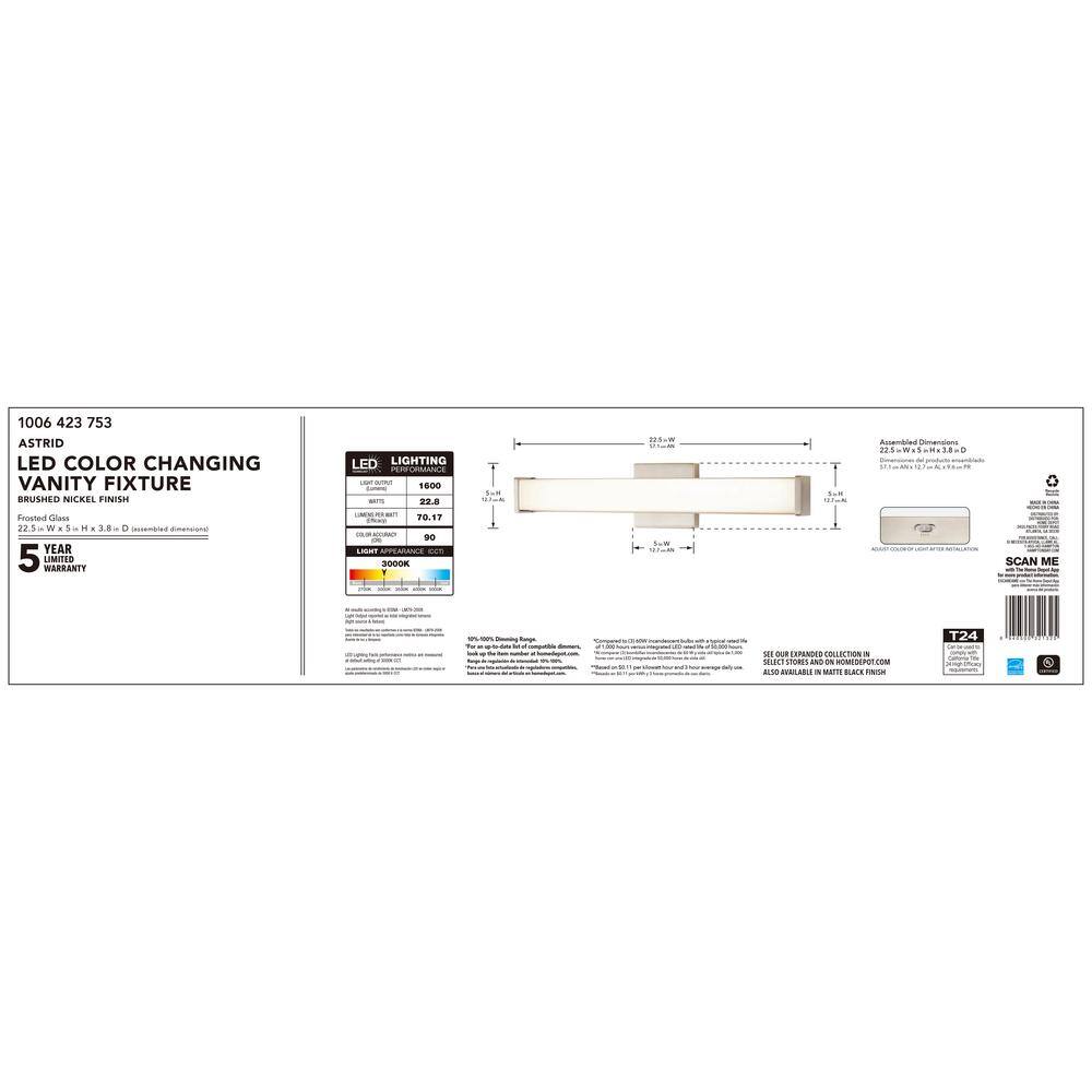 Hampton Bay Astrid 24 in. Brushed Nickel 5-CCT LED Bathroom Vanity Light Bar with Frosted Glass KPU1301LX-04BN