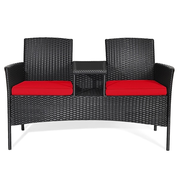 Gymax Rattan Wicker Patio Conversation Set w/ Table Red Cushion