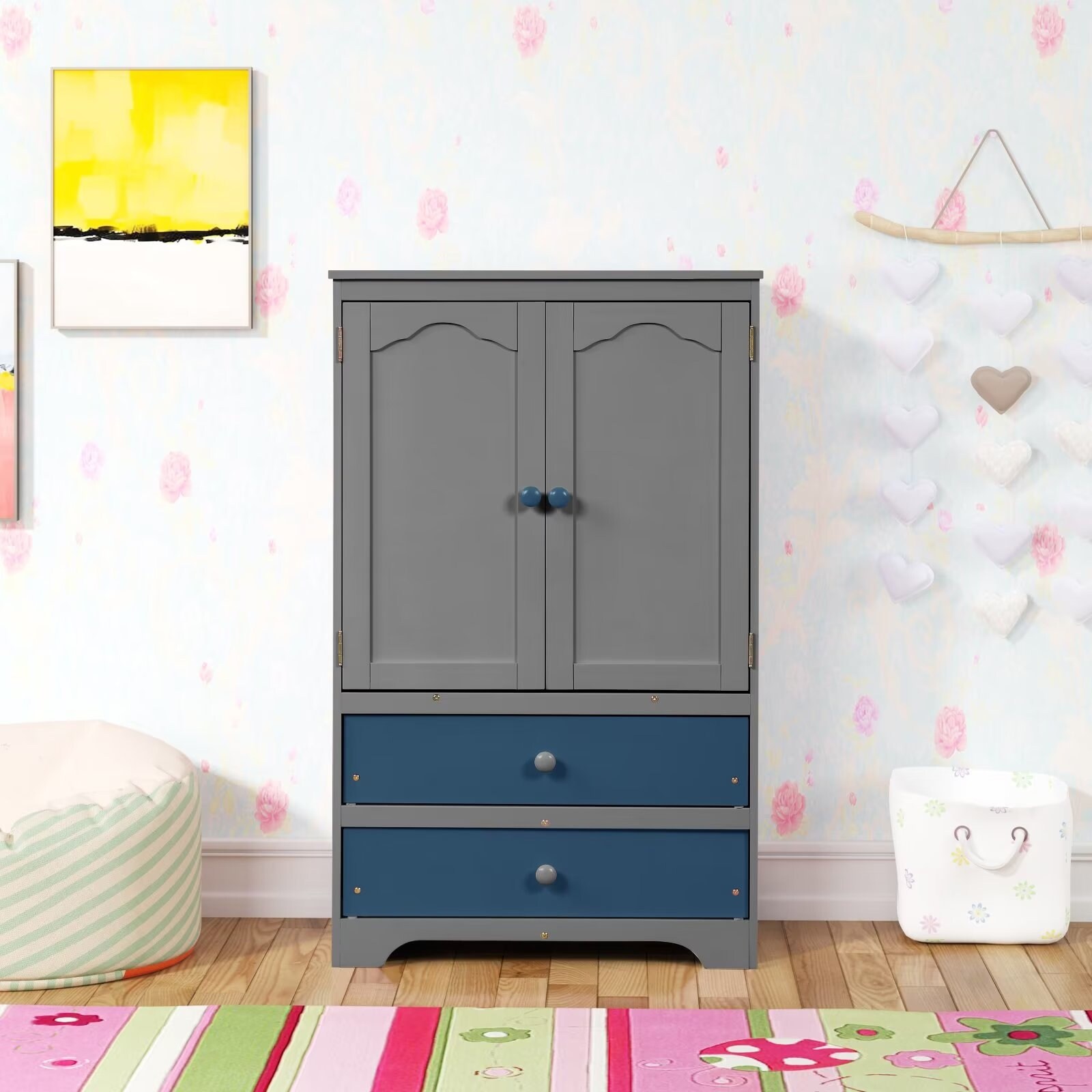 Cute Children's Wardrobe Side Cabinet 2 Doors with 1 Clothes Rail， 1 Shelf， 2 Drawers， Anti-Falling Hardware - - 36073581