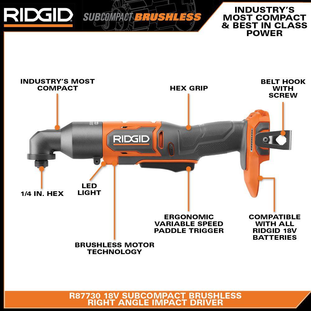 RIDGID 18V SubCompact Brushless Cordless Right Angle Impact Driver (Tool Only) R87730B