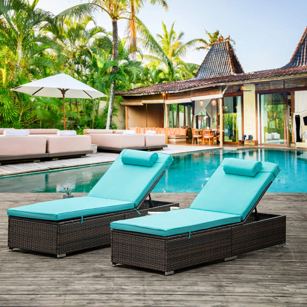 2 Pack Outdoor Chaise Lounge  Blue Cushioned Seat  amp5 Positions Adjustable Back   Tropical   Outdoor Lounge Sets   by Decor Love  Houzz