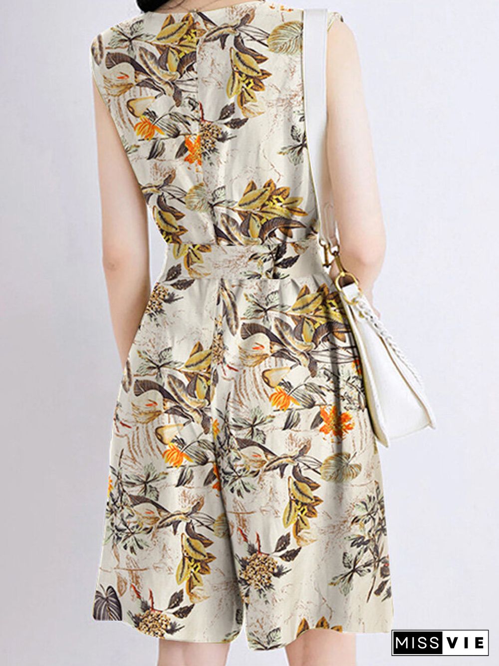 Random Flower Print Pocket Sleeveless Belt Wide Leg Romper