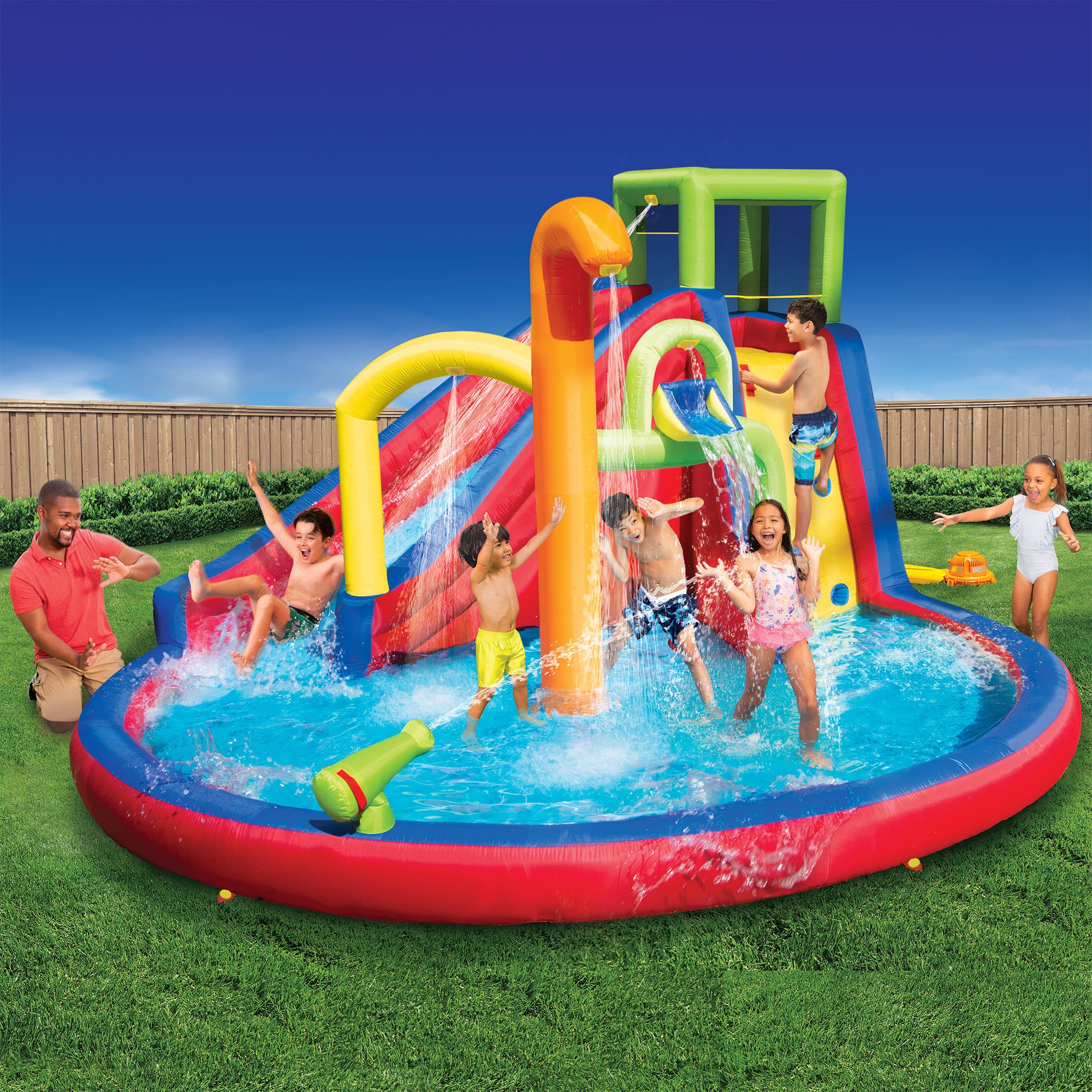 Banzai Drench Zone Water Park - With Soaker Bucket + Water Cannon + Sprinklers, (14' 7" L x 13' 4" W x 8' H), Recommended Ages 5+