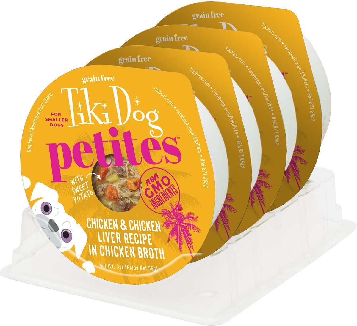 Tiki Dog Aloha Petites Chicken and Chicken Liver Recipe in Chicken Broth Wet Dog Food， 3-oz cup， case of 4