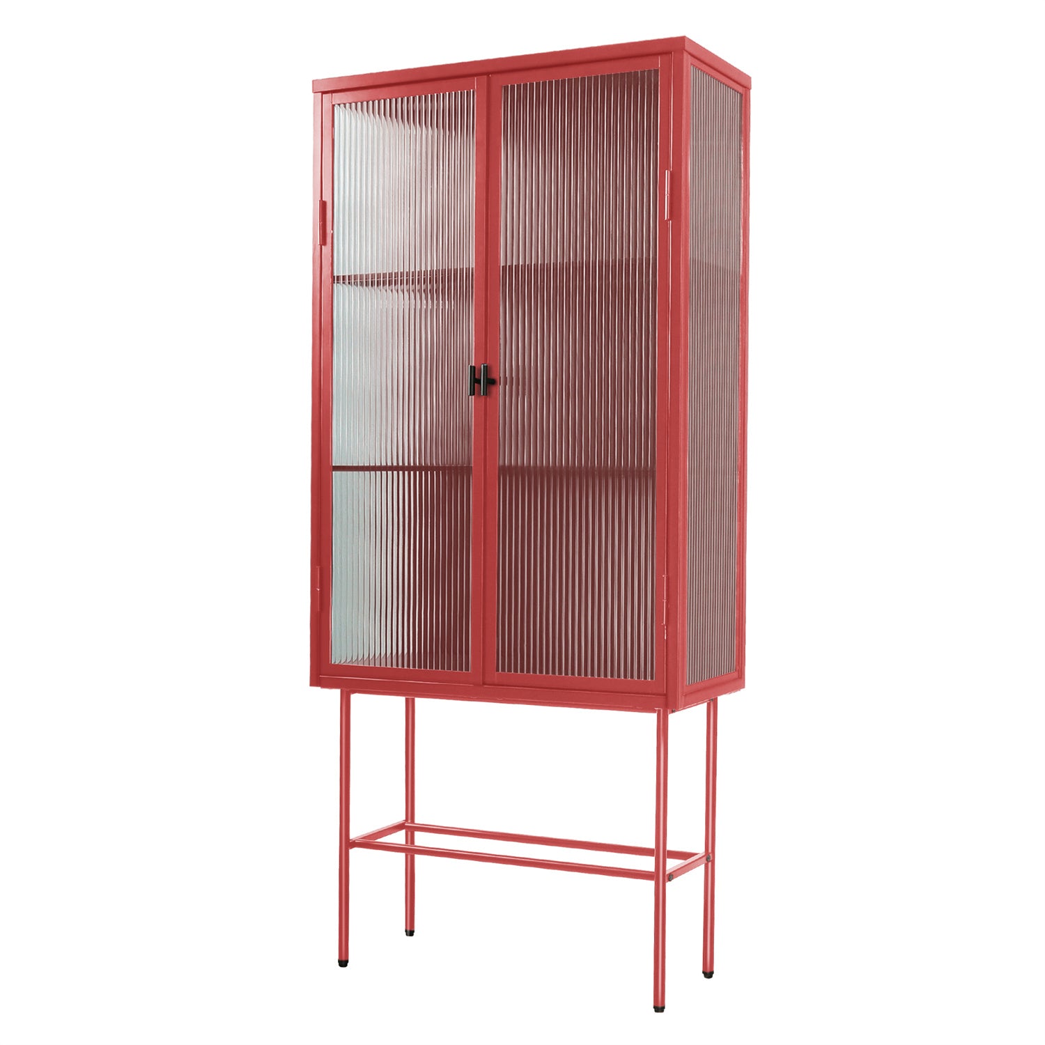 Retro Double Doors High Fluted Glass Sideboard Cabinet Corner Display Cabinet with 3 Removable Shelves Curio Cabinet for Kitchen Entryway Living Room Bathroom (Red)