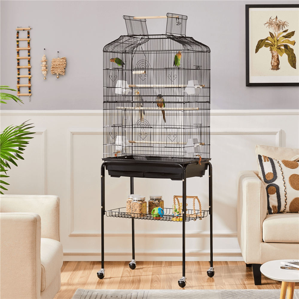 Yaheetech 67.5'' H Open Top Metal Bird Cage with Rolling Stand， Black