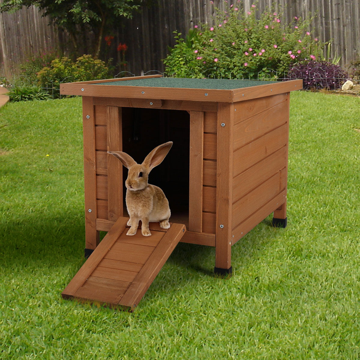 Lowestbest Rabbit Hutch， Wooden Rabbit Cage， Pet House Bunny Shelter with Ramp and Opening Roof， Brown