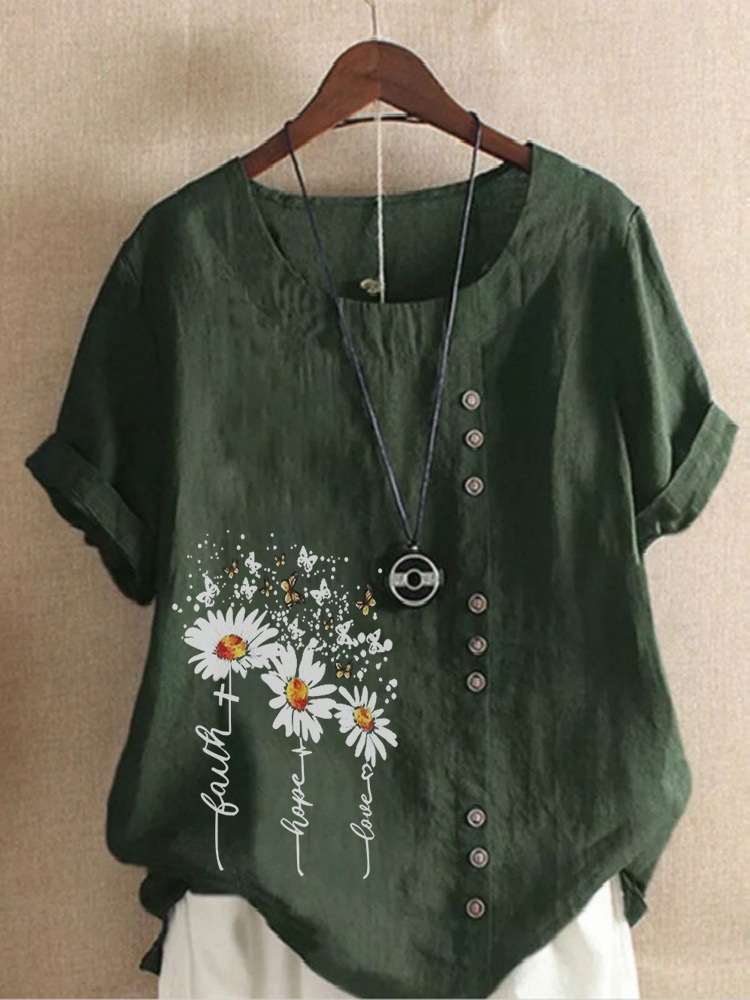 Round Neck Casual Loose Marguerite Flower Print Short Sleeve Blouse