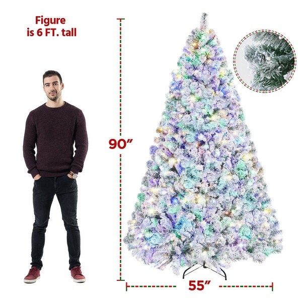 7.5ft Prelit Spruce Artificial Christmas Tree Snow Flocked Hinges Tree with 550 Multicolor LED Lights and 1284 Branch Tips