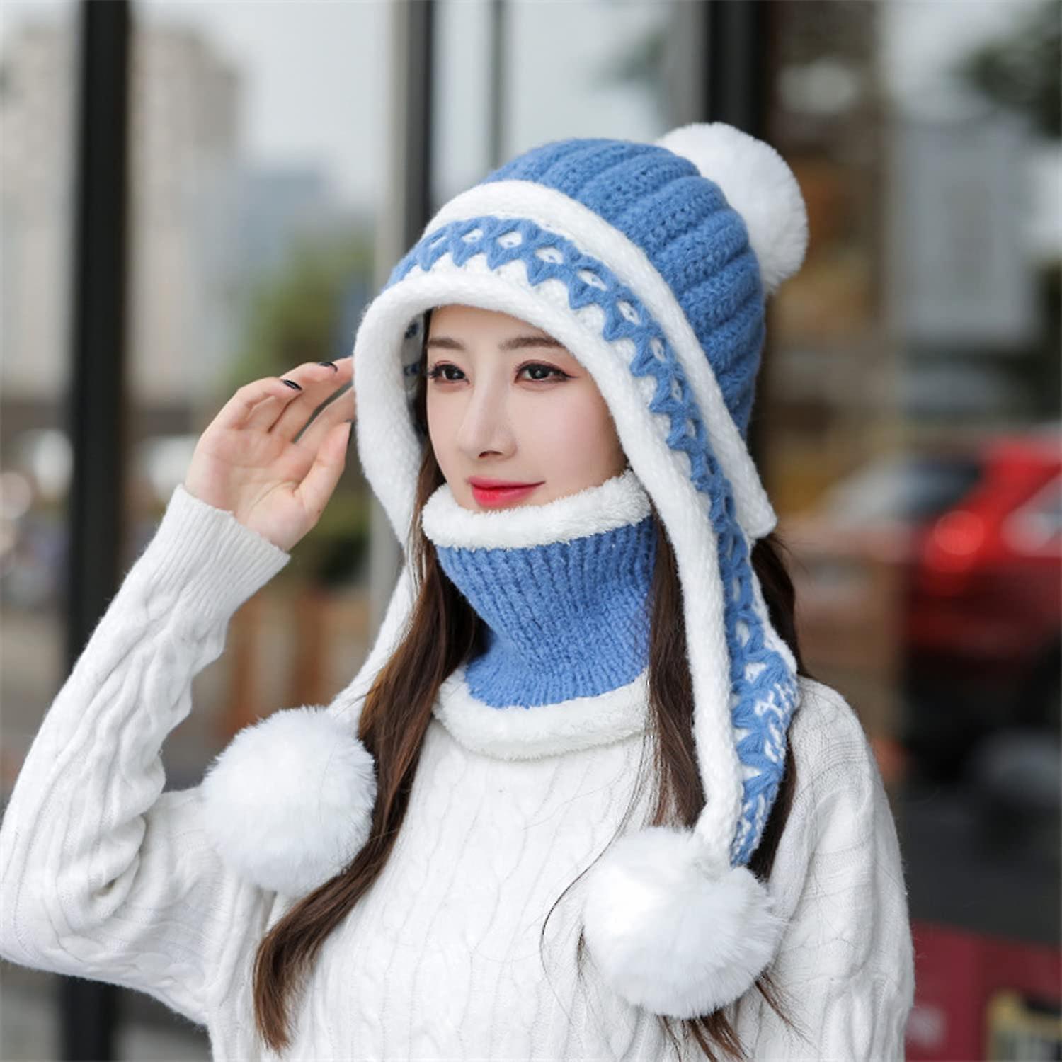 Women Winter Beanie Hat Peruvian Circle Scarf Set Ski Ear Flaps Caps Dual Layered Fleece Lined Pompoms Z15022-blue -