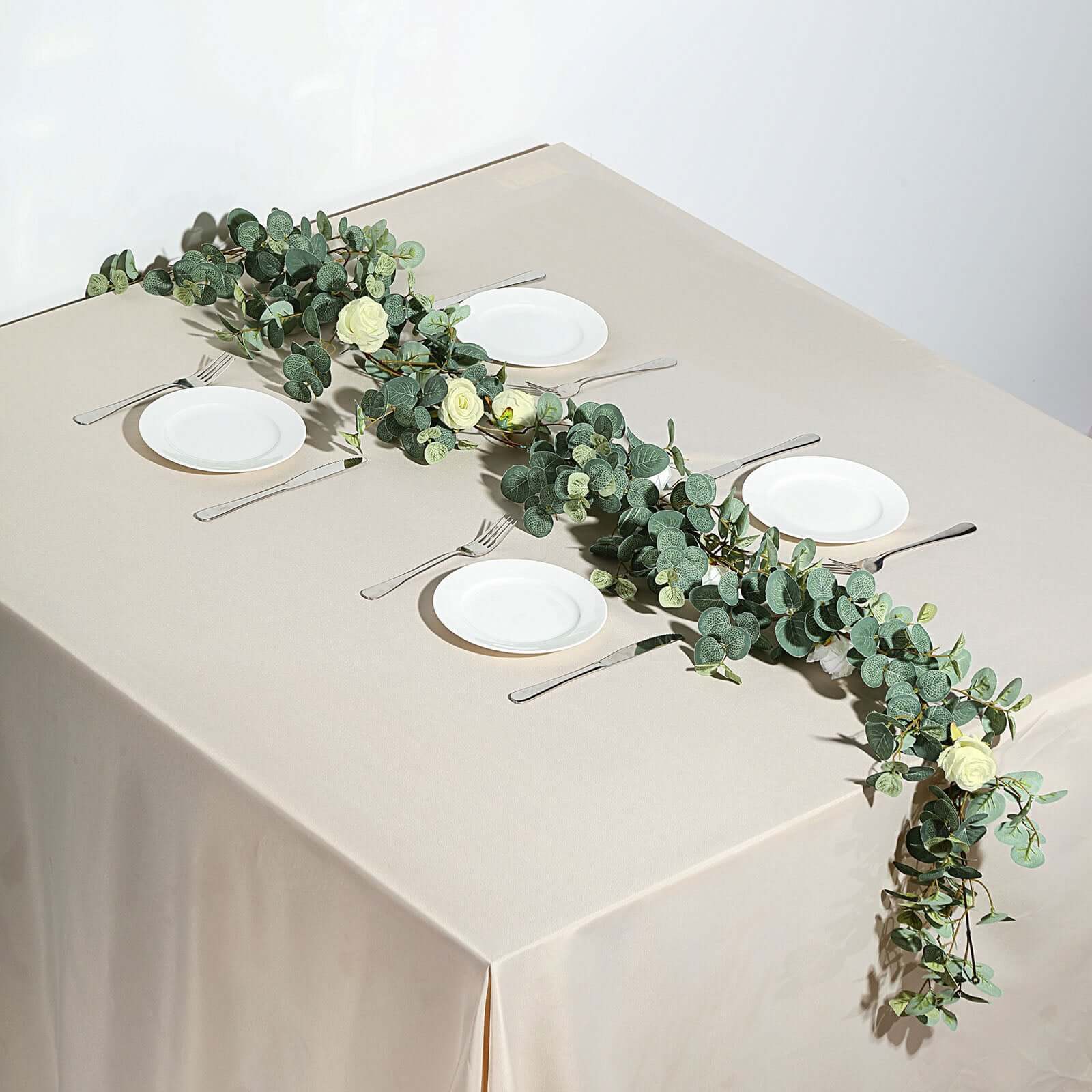 Green/Ivory Artificial Eucalyptus Leaf, Rose Flower Garland Vine 6ft