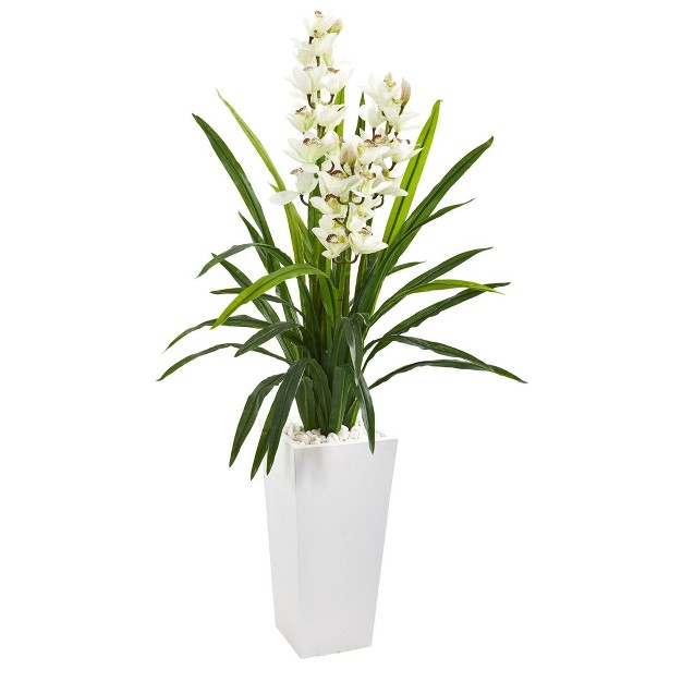 Nearly Natural 4.5-ft Cymbidium Orchid Artificial Plant In White Tower Planter