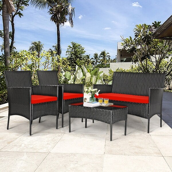 4 Pcs Patio Rattan Cushioned Sofa Furniture Set with Tempered Glass Coffee Table - 24