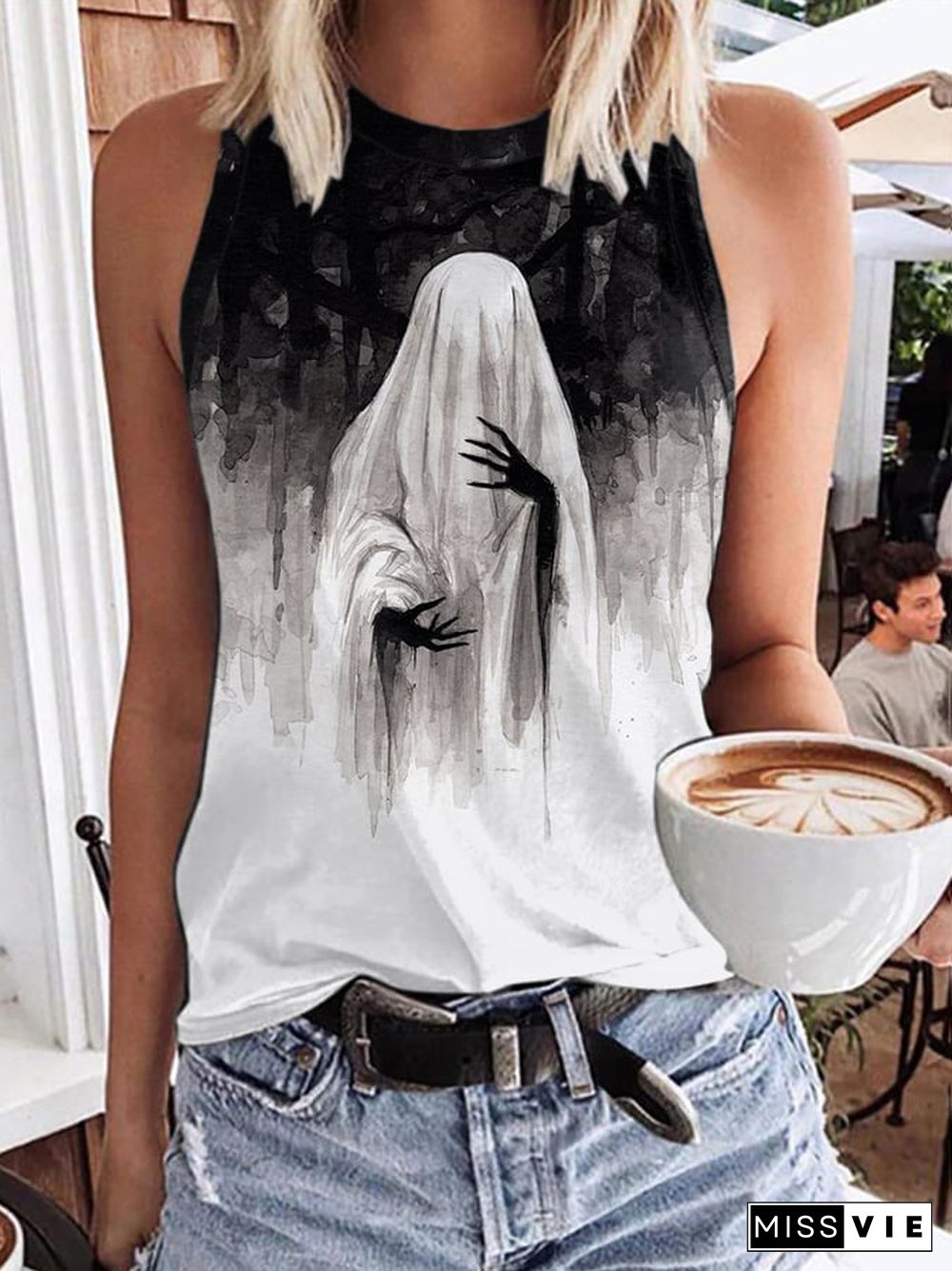 Women's Vintage Ghost Art Print Sleeveless Tank Top