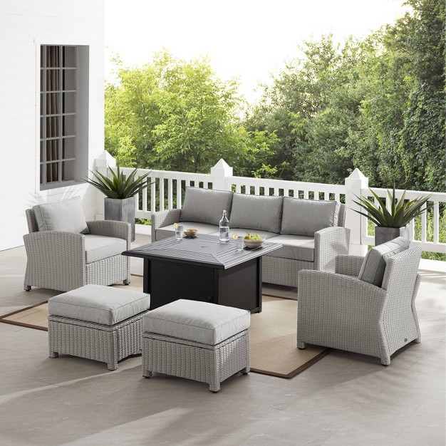 Bradenton 6pc Outdoor Wicker Sofa And Arm Chair Seating Set With Dante Fire Table And 2 Ottomans Gray gray Crosley