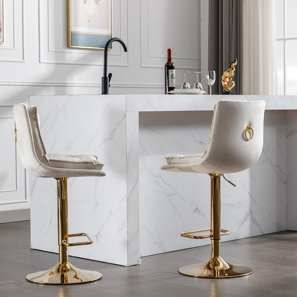 Set of 2 Bar Stools，with Chrome Footrest and Base Swivel Height Adjustable Mechanical Lifting Velvet and Golden Leg