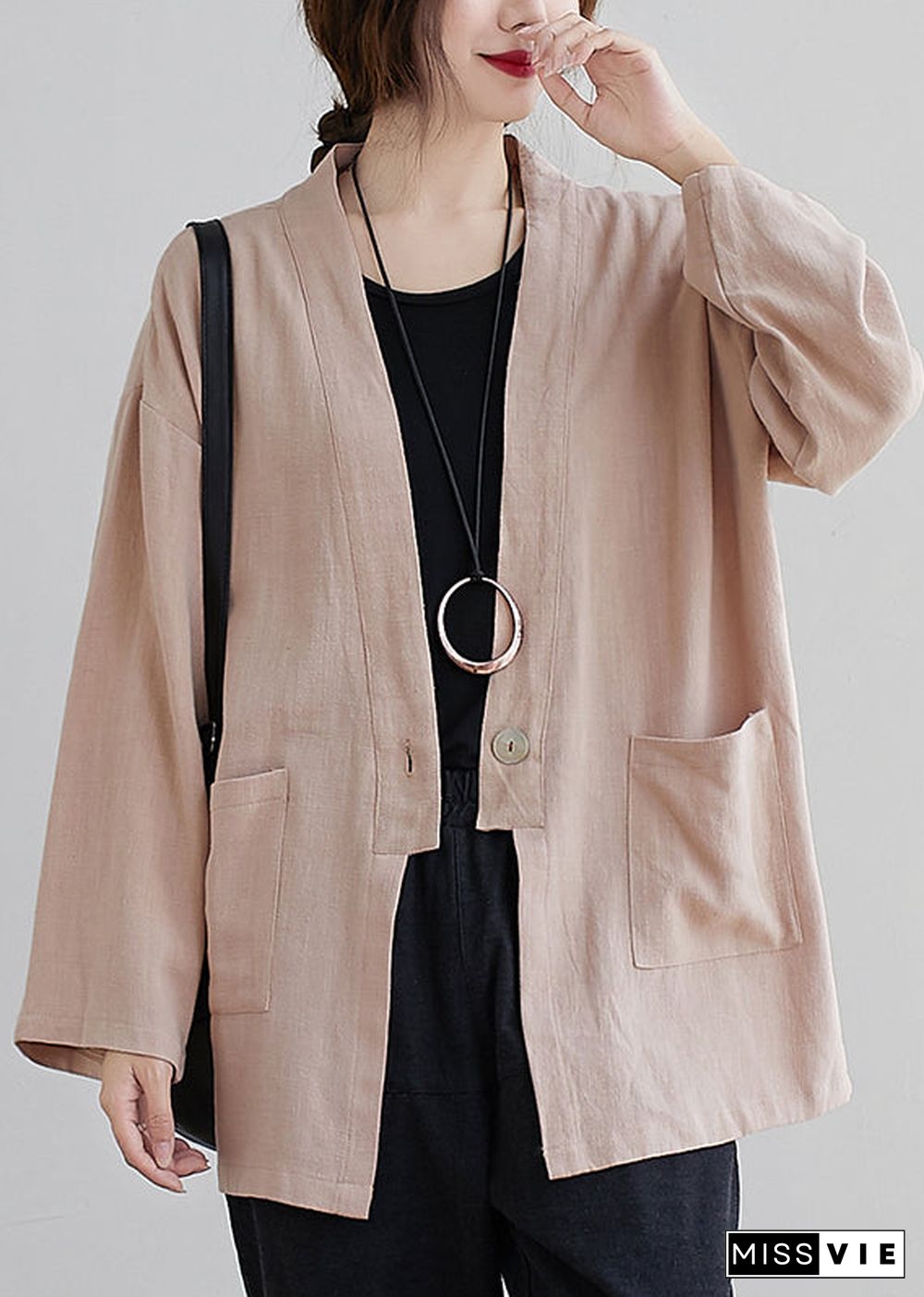 Khaki Pockets Patchwork Cotton Cardigan Coats V Neck Fall