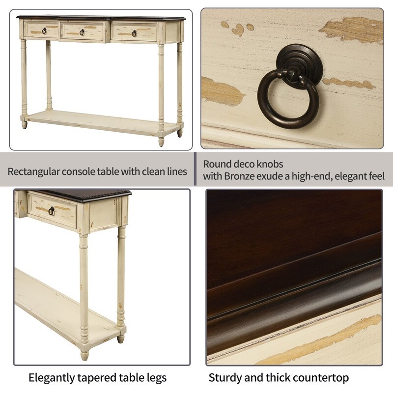 Rustic Solid Wood Console Table with Projecting Drawers and Long Shelf
