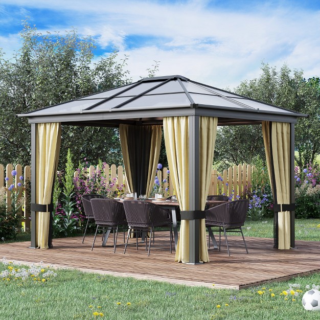 Outsunny 10x12 Polycarbonate Hardtop Gazebo Gazebo Canopy With Aluminum Frame Curtains And Netting For Garden Patio Backyard Beige