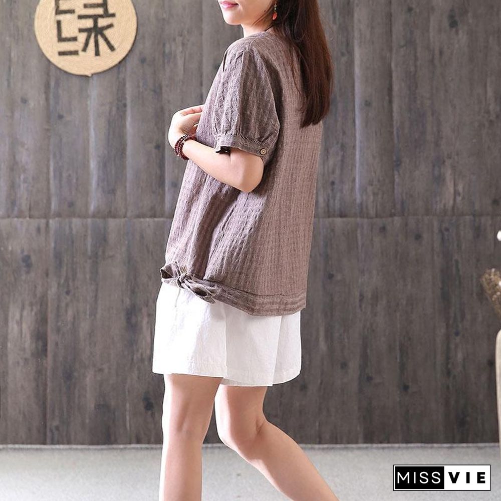 fashion cotton tops oversized Retro Lacing Cotton Linen Short Sleeve Pullover T Shirt