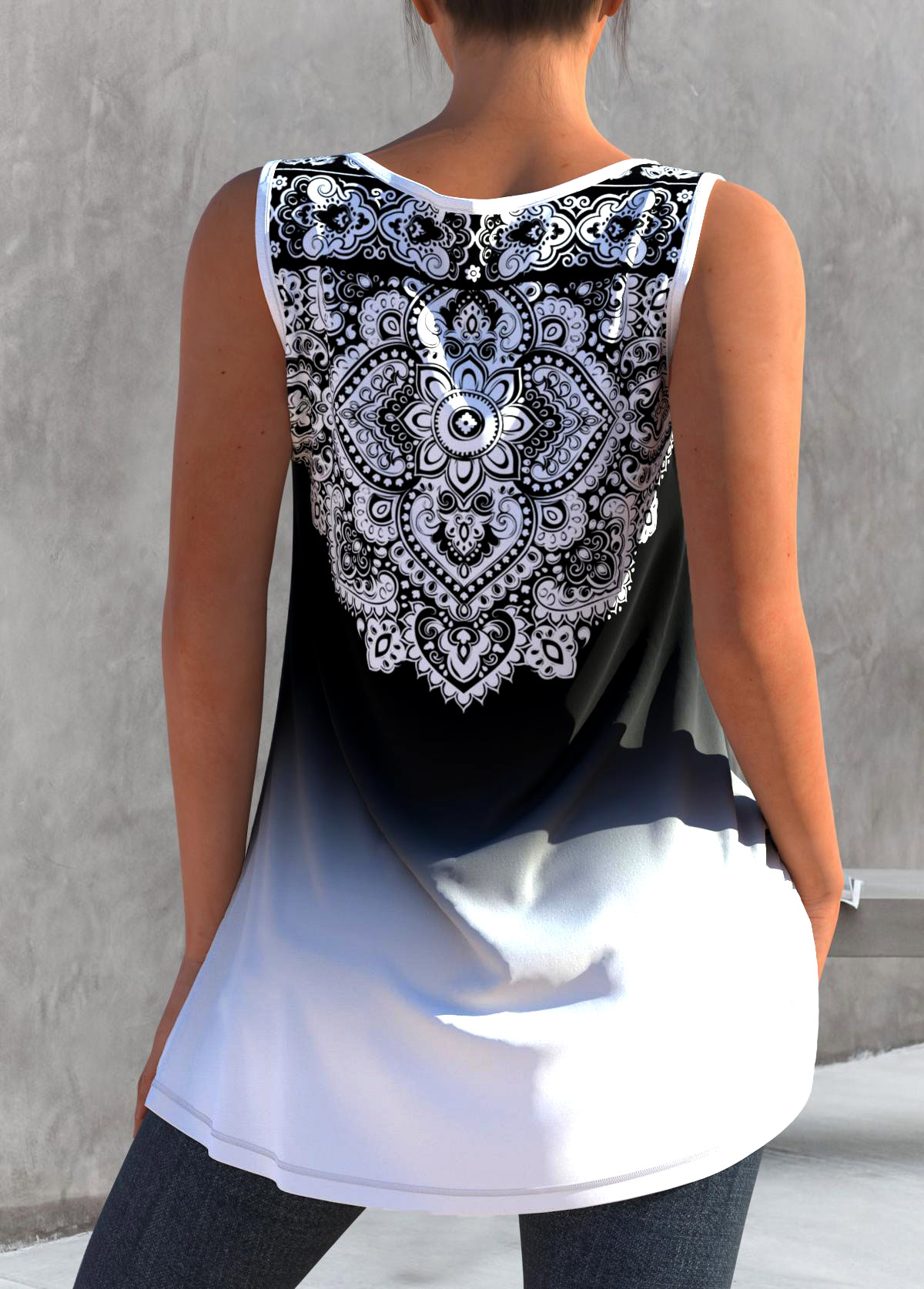 Tribal Print White Ombre Split Neck Tank Top