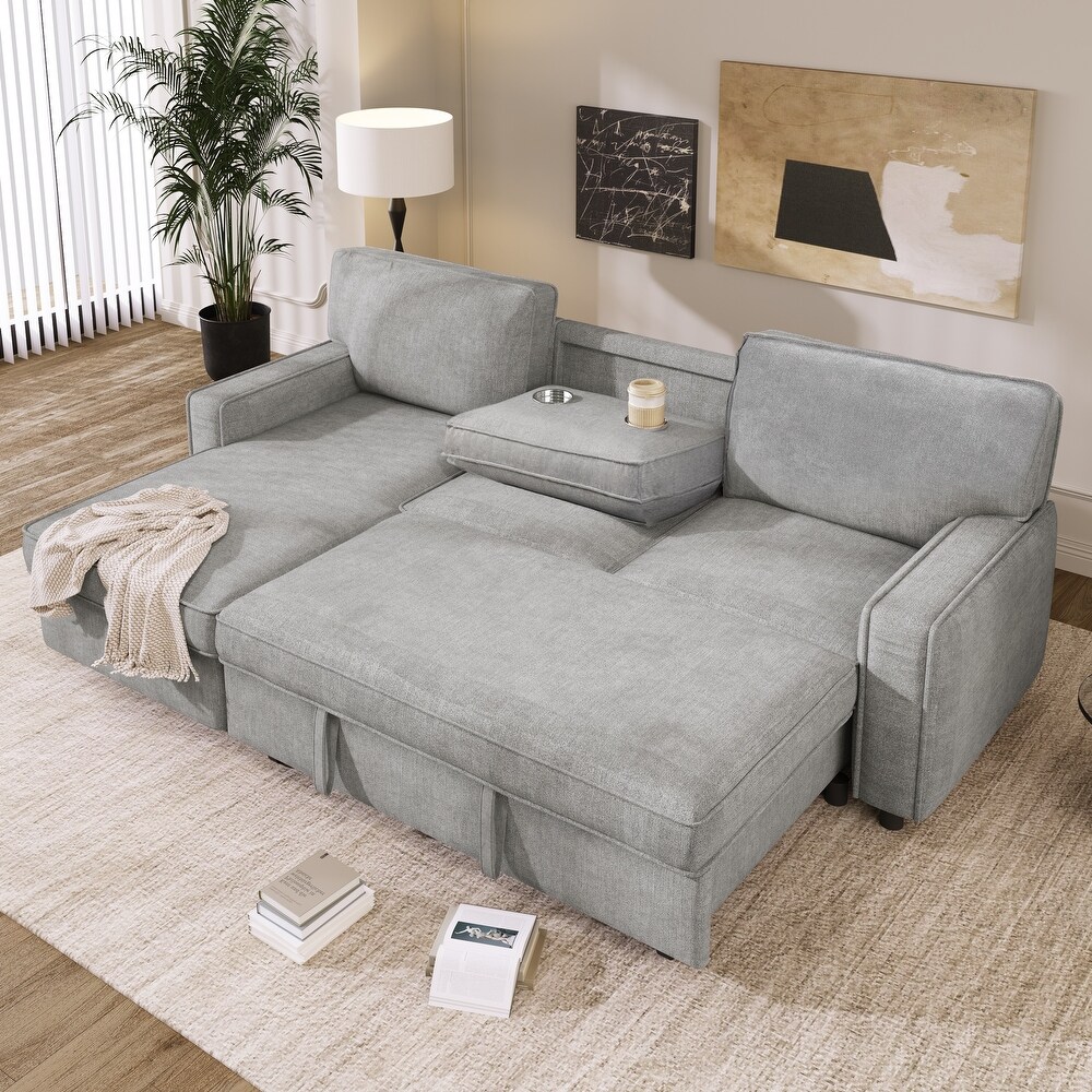 Living Room Sleeper Sofa Bed L shaped Sectional Sofa w/ Pull Out Bed   Chaise  Recliner Sofa w/ USB Port   2 Cup Holders  Grey