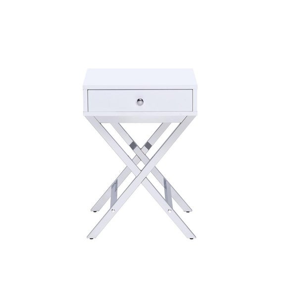 Wood and Metal Side Table with Crossed Base， White and Silver - 22 H x 16 W x 12 L Inches