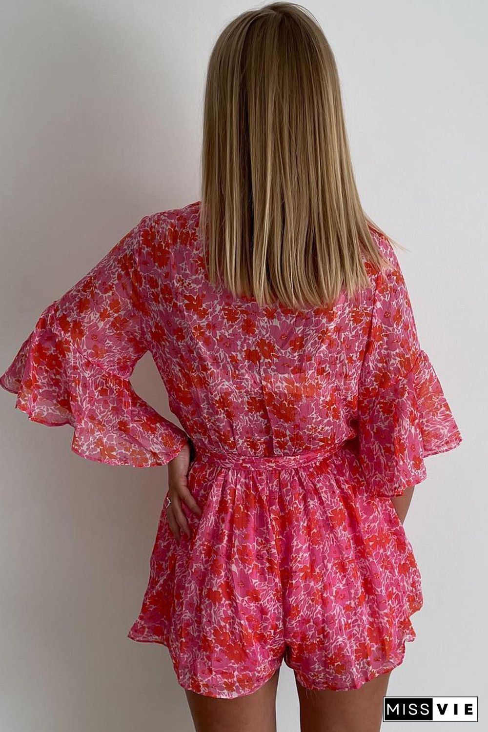 Pink V Neck Ruffled Sleeve Floral Romper