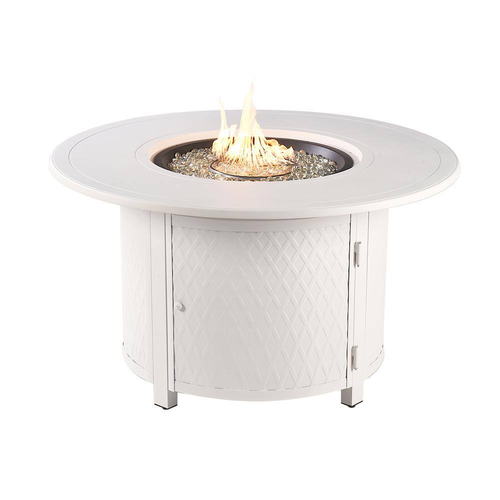 Oakland Living 44 in. x 44 in. White Round Aluminum Propane Fire Pit Table with Glass Beads 2 Covers Lid 55000 BTUs DELASKO-FPT-WT