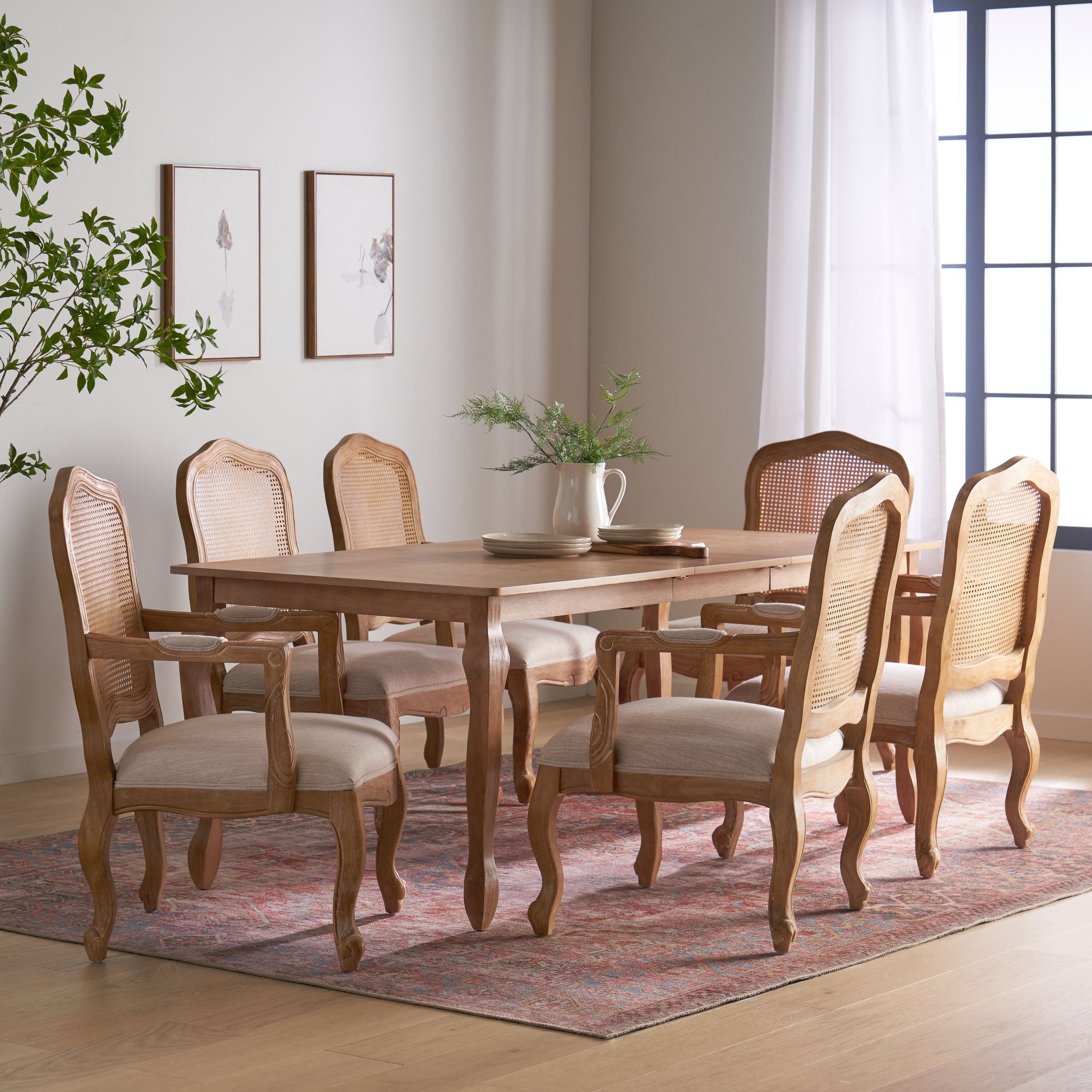 Bonview French Country Fabric Upholstered Wood and Cane Expandable 7 Piece Dining Set