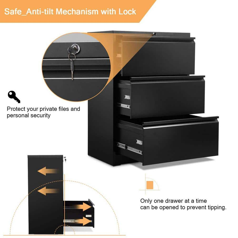 Aobabo 3 Drawer Lateral File Cabinet wLock for LetterLegal Size Paper Black SALATERAL CABINET