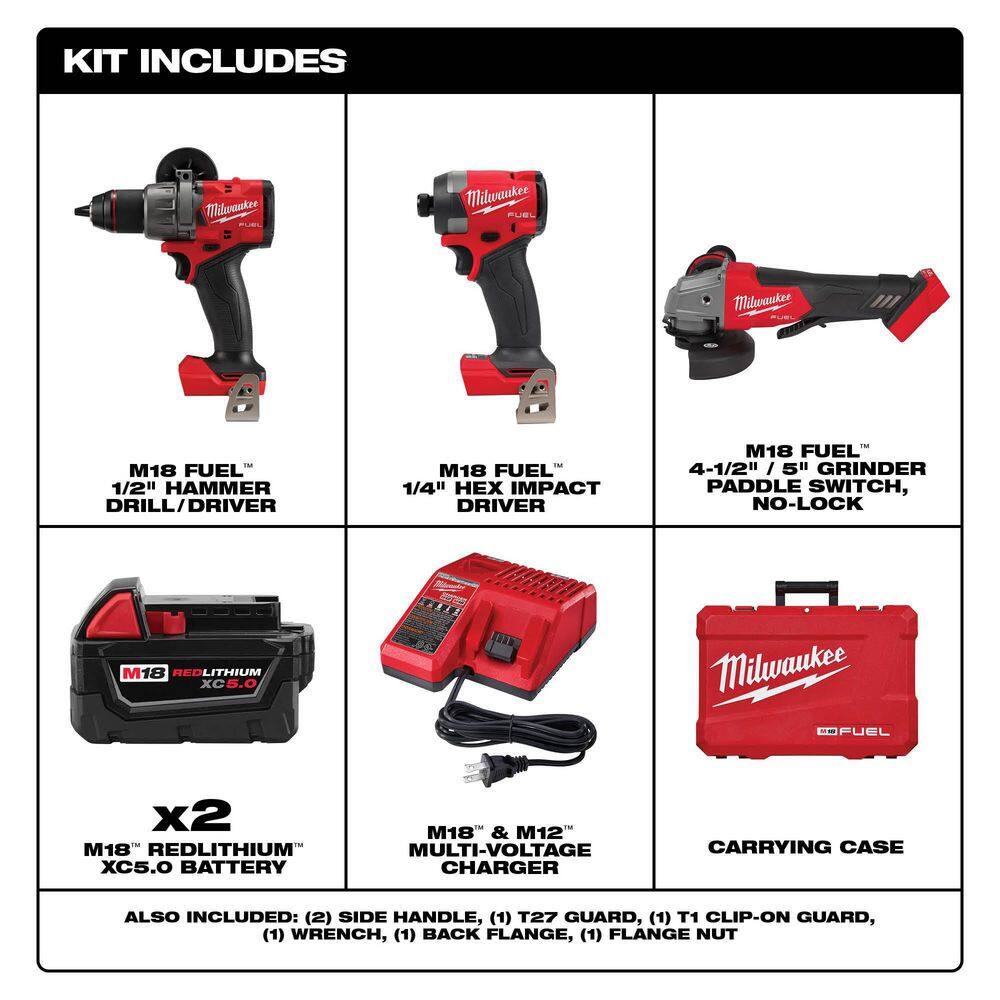 MW M18 FUEL 18-Volt Lithium-Ion Brushless Cordless Combo Kit 2-Tool with 2 Batteries Charger 4-12in. to 5in. Grinder 3697-22-2880-20