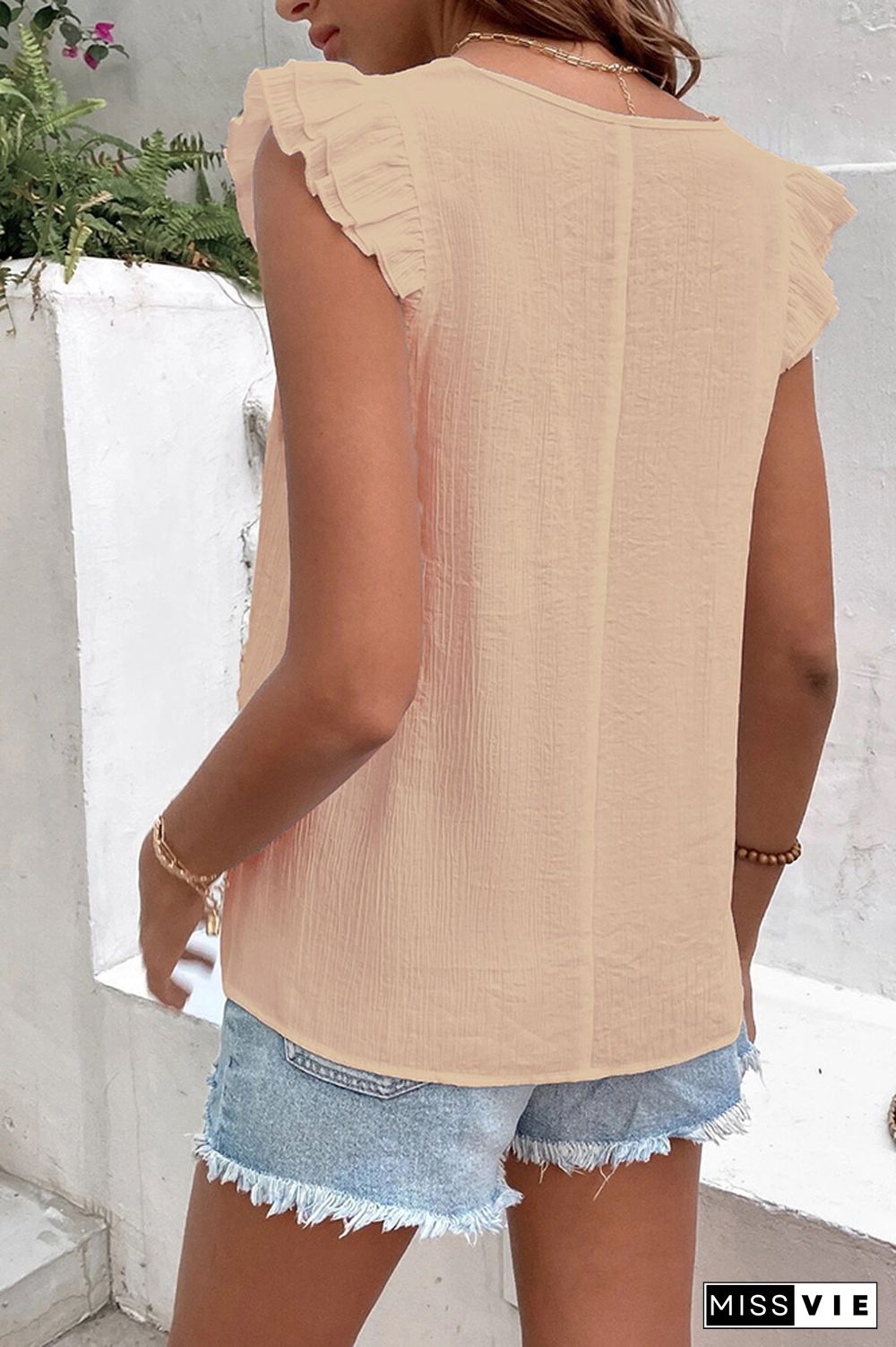 Colorful Lace Edge V Neck Flutter Sleeves Tank Top