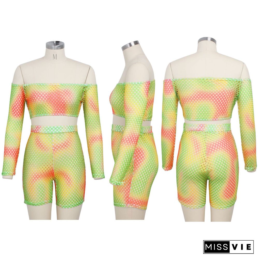 Sexy Colorful Tie Dye Print Fishing Net Off Shoulder Long Sleeve Crop Top Bodycon Shorts Two Piece Set