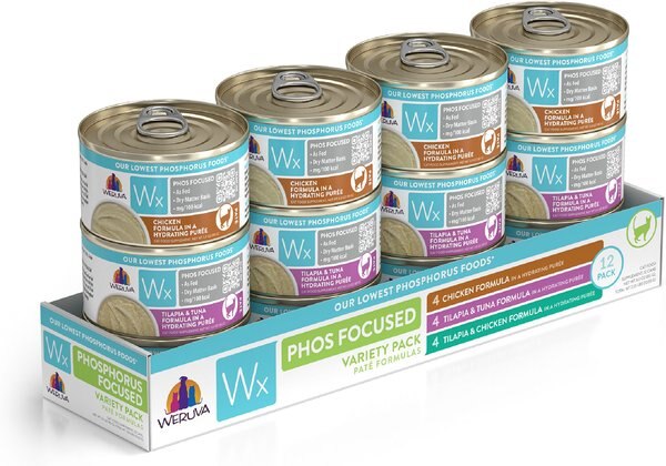 Weruva Wx Phos Focused Pate Variety Pack Grain-Free Wet Cat Food， 3-oz can， case of 12