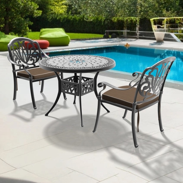 3/5Piece Cast Aluminum Outdoor Dining Set with 35.43 in. Round Table and Random Color Cushions