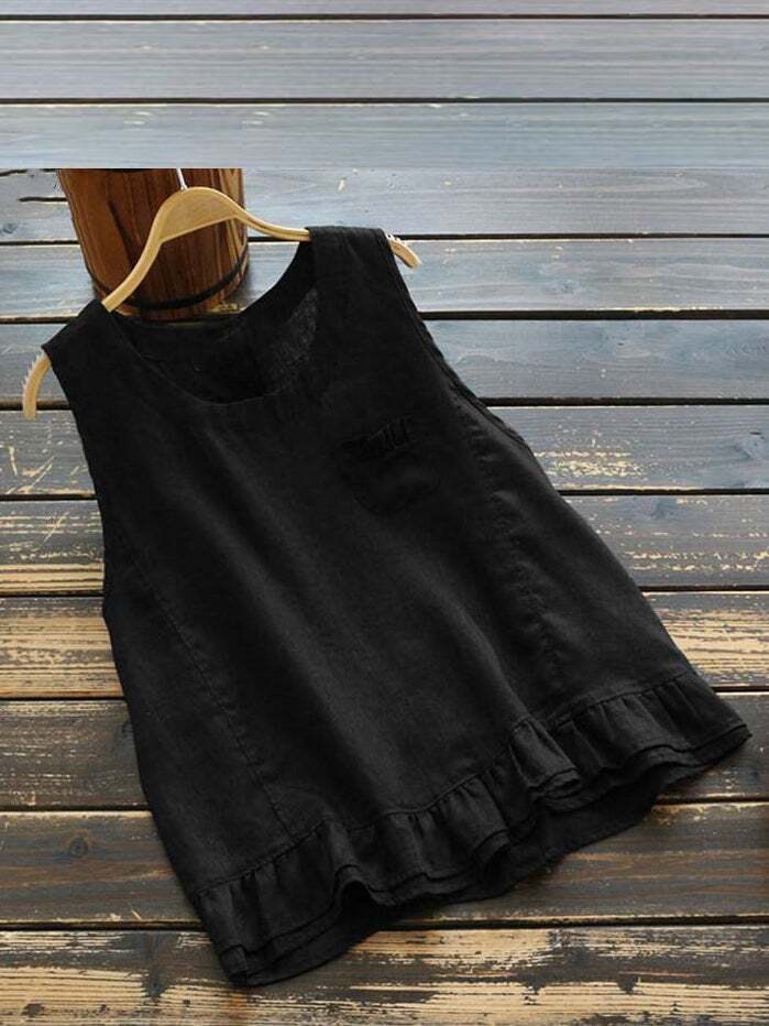 Women's Loose Sleeveless Pleated Hem Solid Color Linen Top