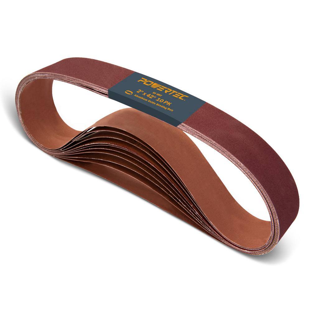 POWERTEC 2 in. x 42 in. 80-Grit Aluminum Oxide Sanding Belt (10-Pack) 424208A