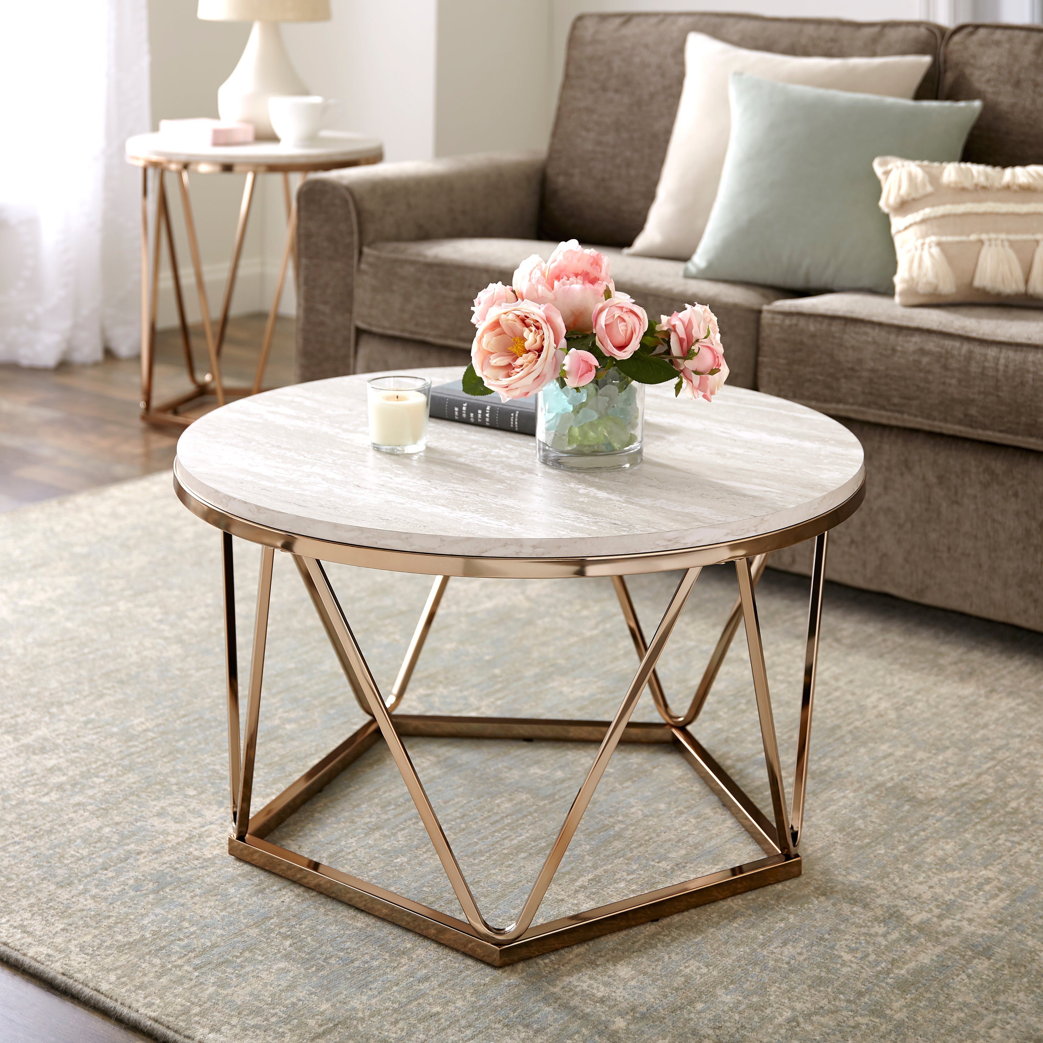 SEI Furniture Henderson Modern Faux Marble Top Gold Geometric Base Round Coffee Table