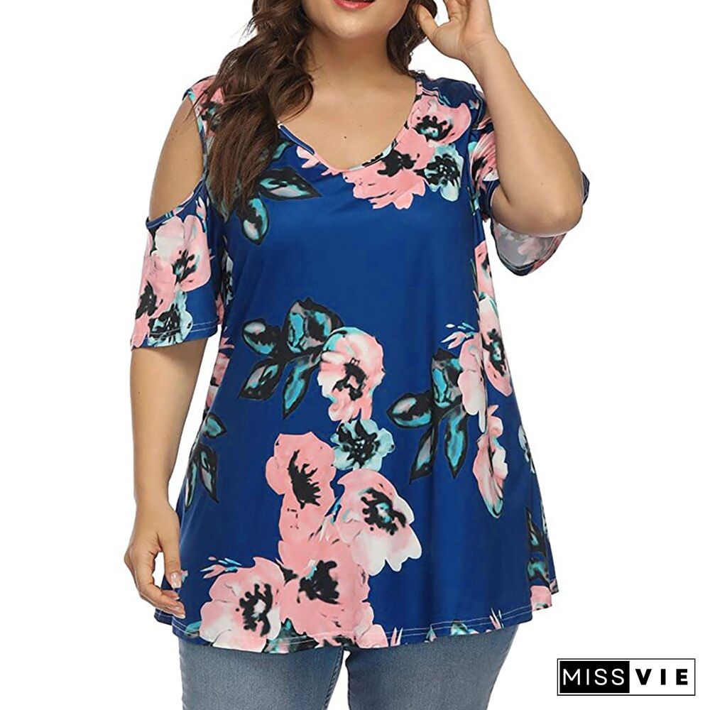 5XL Plus Size Women Floral Print Round Neck Tops and Blouse Lady Hollow Out Half Sleeve Summer Casual Female Loose T Shirts D30