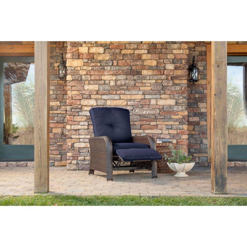 Hanover Strathmere AllWeather Wicker Reclining Patio Lounge Chair with Navy Blue Cushion