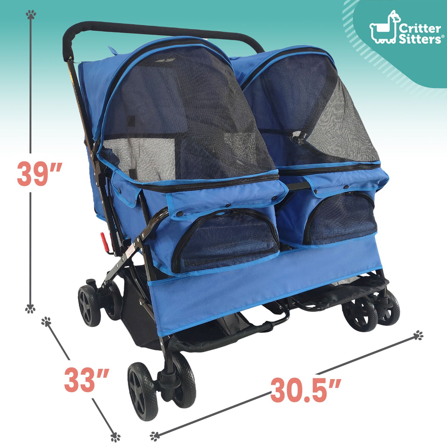 Critter Sitters Double Pet Stroller with Storage | Carriage Carrier for Animals up to 44 lbs | 4-Wheel | For Cats， Small/Medium Dogs， Rabbits and Guinea Pigs | Blue