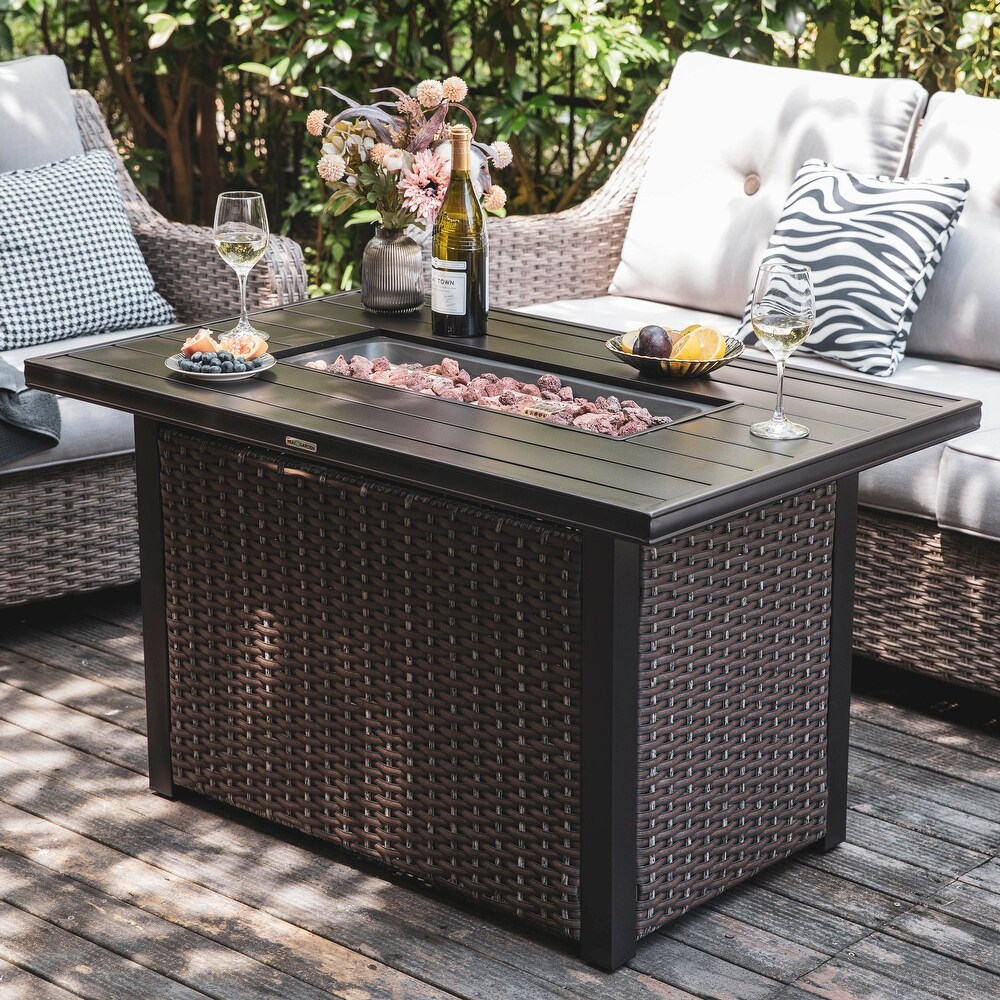 Outdoor 44 Inch 50 000 BTU Propane Gas Rattan Fire Pit Table  Aluminum Top