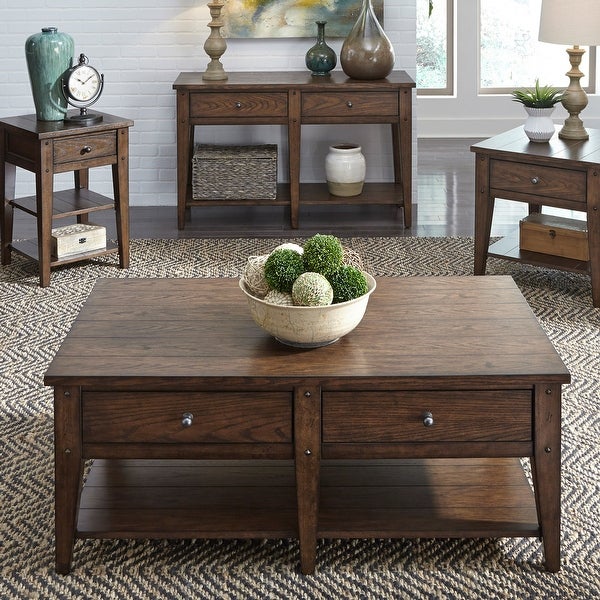 Lake House Rustic Brown Oak 3 Piece Set (1-Cocktail 2-End Tables)