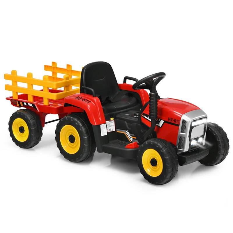 Kids Ride on Tractor w/Trailer 12V Battery Powered Electric Riding Toy Car Vehicle with 3-Gear-Shift Ground Loader