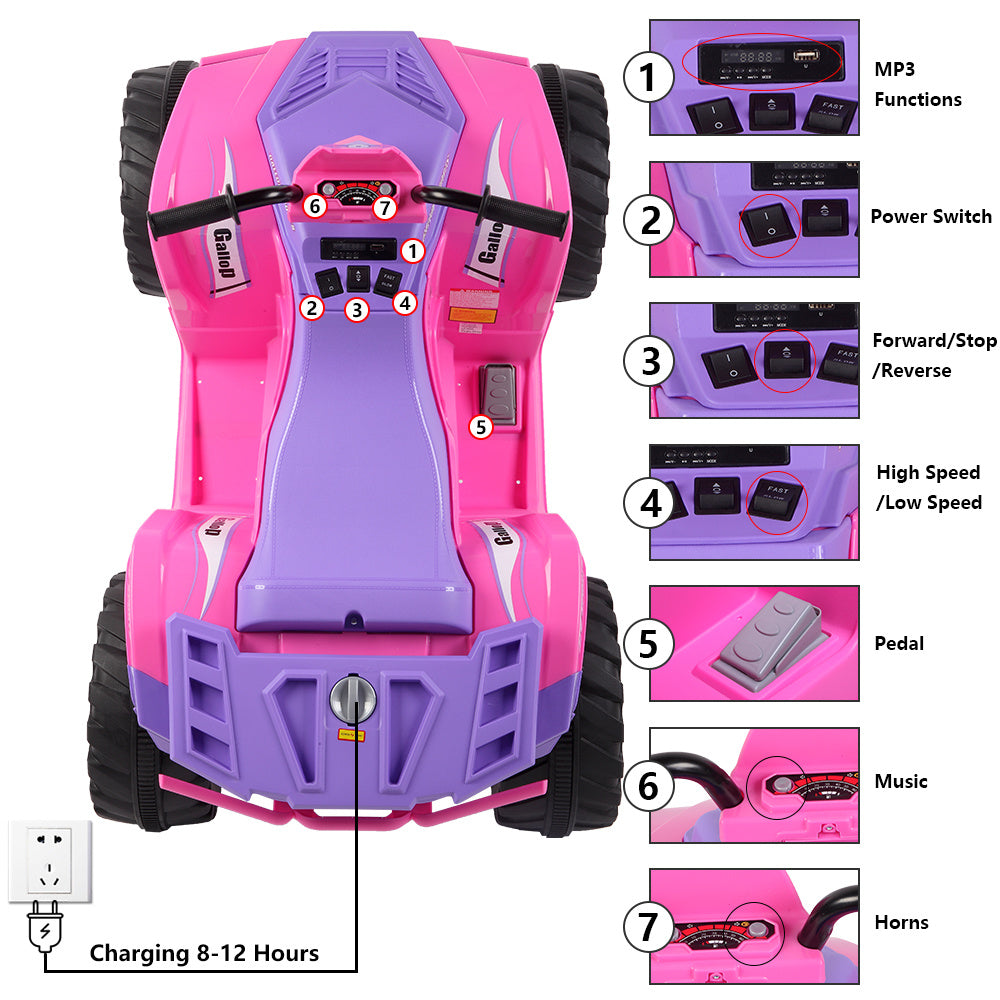 12V Battery-Powered Ride-On for Kids Electric 4-Wheeler Quad ATV Ride On Toy w/ Music Horn LED Lights 2 Speeds for Boys Girls Ages 3-7, Pink