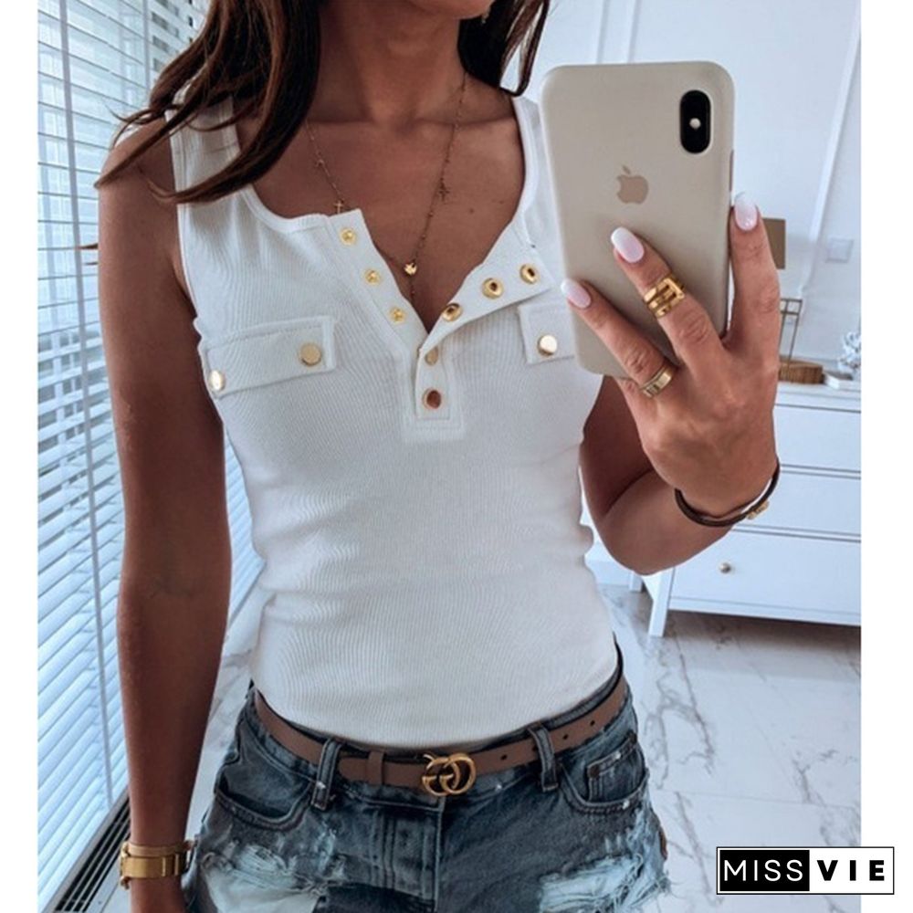 XS-8XL Summer Tops Plus Size Fashion Clothes Women's Casual V-neck Button Up Shirts Solid Color Off Shoulder Blouses Ladies Cotton Slim Fit Vest Sleeveless Tank Tops