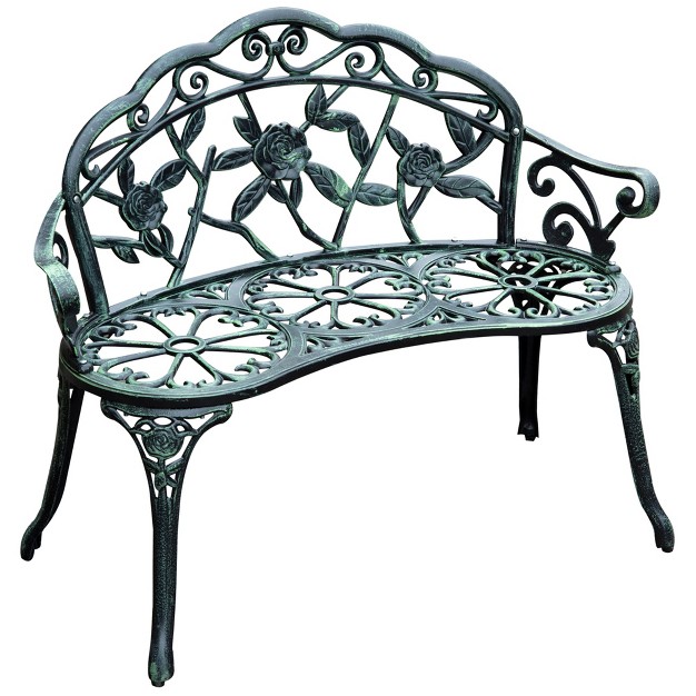 Outsunny Outdoor Bench Cast Aluminum Outdoor Furniture Metal Bench With Floral Rose Accent amp Antique Finish Green