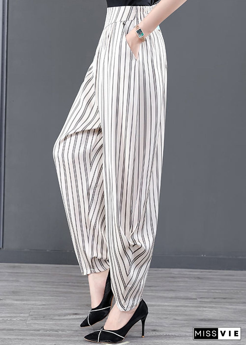 DIY White Striped Pockets Patchwork Chiffon Pants Summer